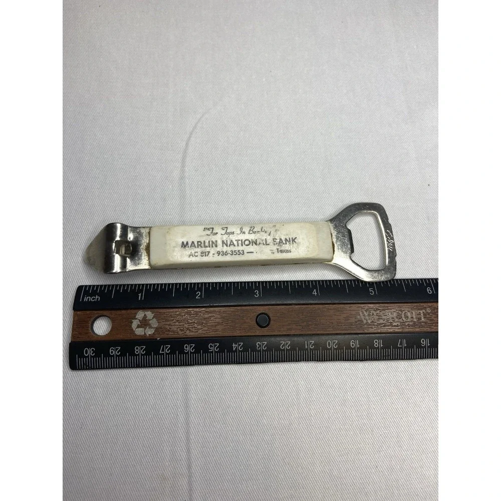 Vintage Marlin National Bank Texas‎ Bottle Opener Can Piercer Church Key White